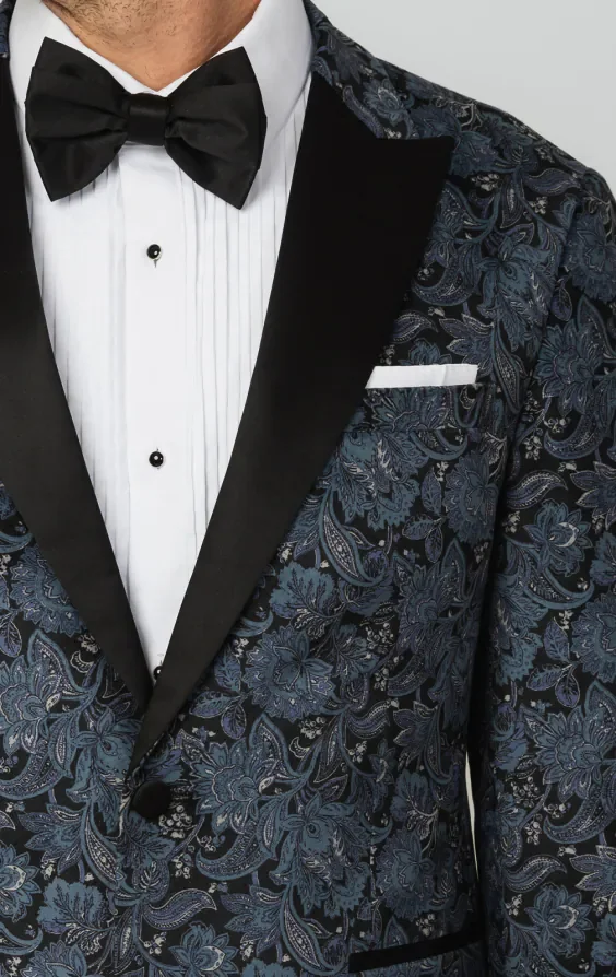Blue Paisley Velvet Print Dinner Jacket with Peak Lapel thumbnail 6