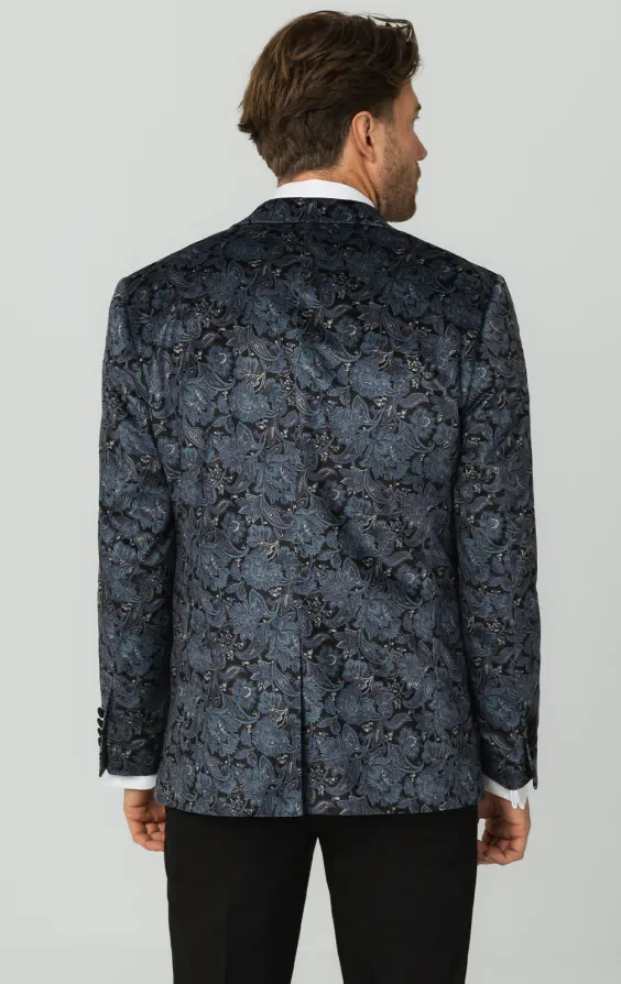 Blue Paisley Velvet Print Dinner Jacket with Peak Lapel thumbnail 8