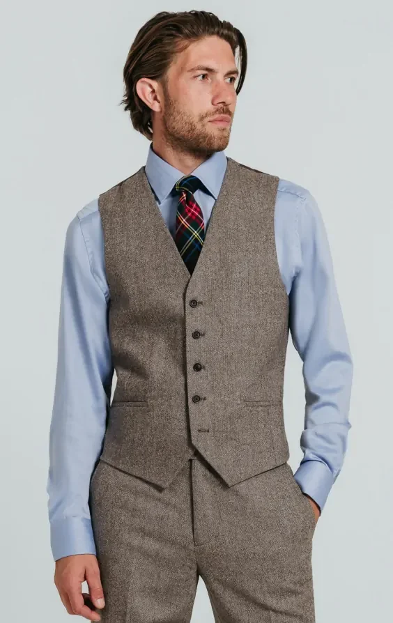 Brown Herringbone Tweed Waistcoat thumbnail 2