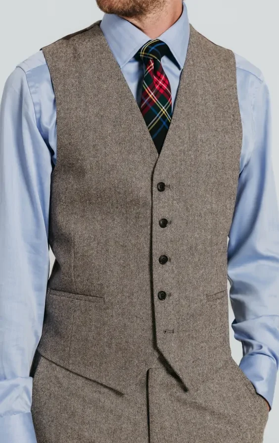 Brown Herringbone Tweed Waistcoat thumbnail 3