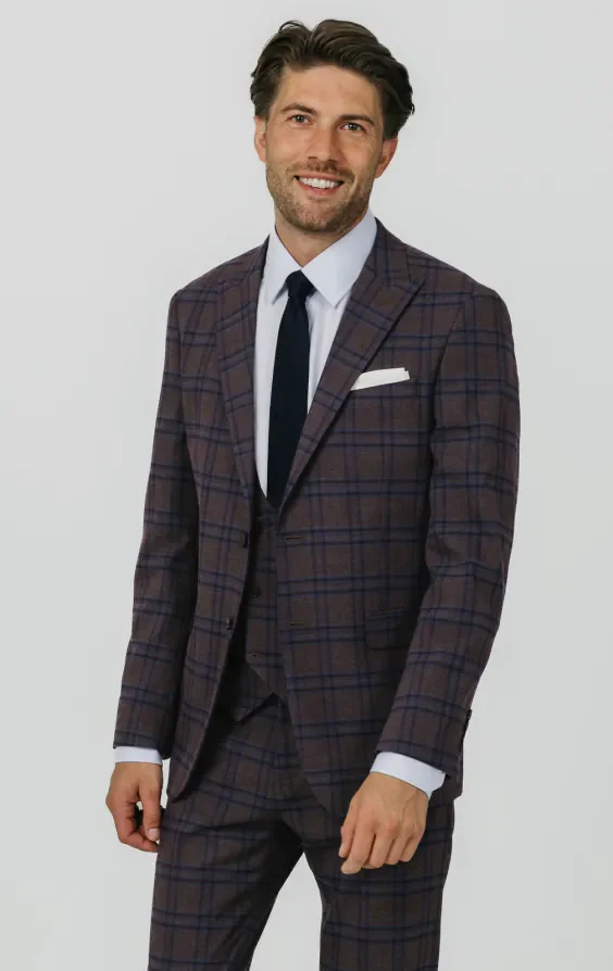 Burgundy with Blue Windowpane Check 3 Piece Suit thumbnail 2