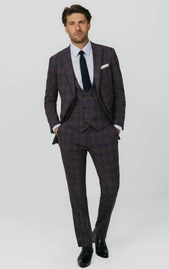 Burgundy with Blue Windowpane Check 3 Piece Suit thumbnail 3