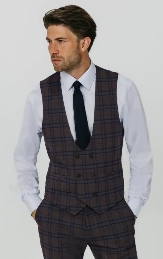 Burgundy with Blue Windowpane Check 3 Piece Suit thumbnail 9