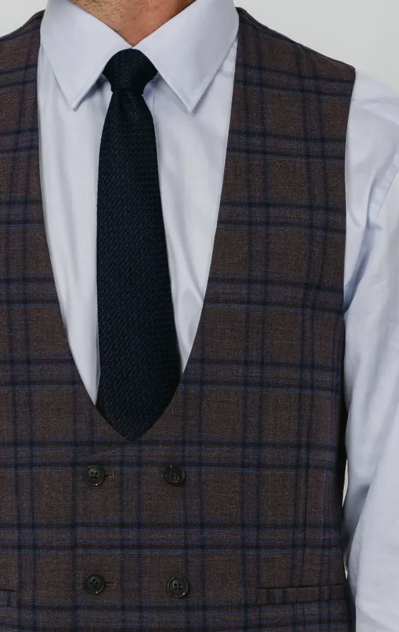 Burgundy with Blue Windowpane Check Double Breasted Waistcoat thumbnail 3