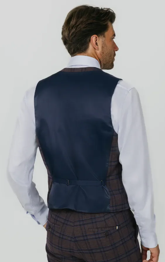 Burgundy with Blue Windowpane Check Double Breasted Waistcoat thumbnail 4