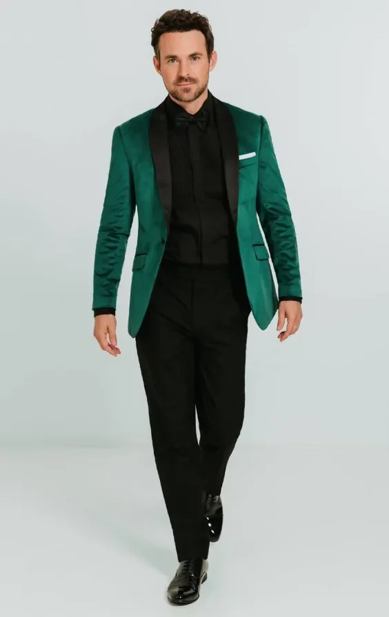 Dark Green Slim Fit Velvet Tuxedo with Black Trousers thumbnail 3