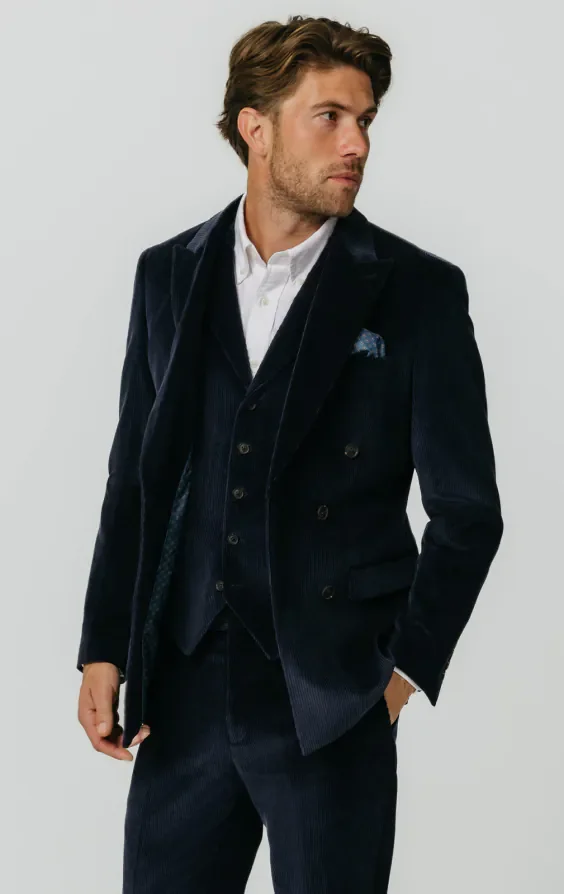 Double Breasted Navy Corduroy 3 Piece Suit thumbnail 3