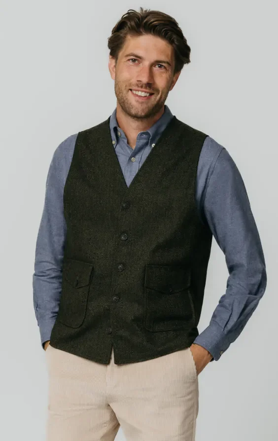 Green Herringbone Tweed Waistcoat with Patch Pockets thumbnail 2