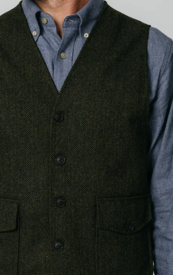 Green Herringbone Tweed Waistcoat with Patch Pockets thumbnail 4