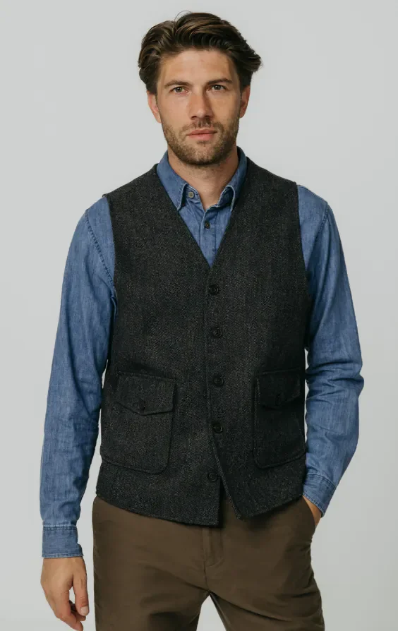 Grey Barleycorn Tweed Waistcoat with Patch Pockets thumbnail 2