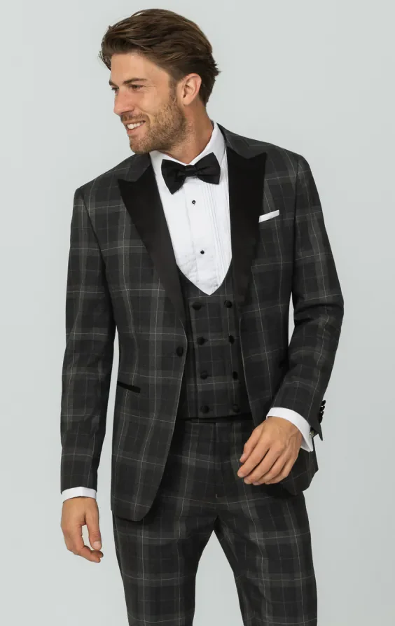 Grey Tartan Check 3 Piece Tuxedo with Peak Lapel thumbnail 2