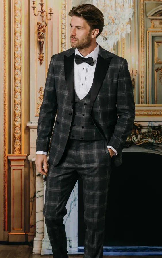 Grey Tartan Check 3 Piece Tuxedo with Peak Lapel thumbnail 3