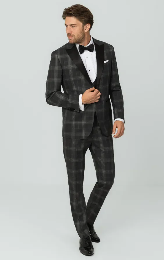 Grey Tartan Check 3 Piece Tuxedo with Peak Lapel thumbnail 4