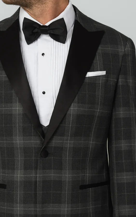Grey Tartan Check 3 Piece Tuxedo with Peak Lapel thumbnail 6
