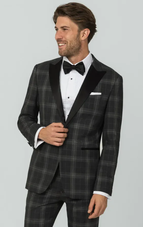 Grey Tartan Check Dinner Jacket with Peak Lapel thumbnail 2