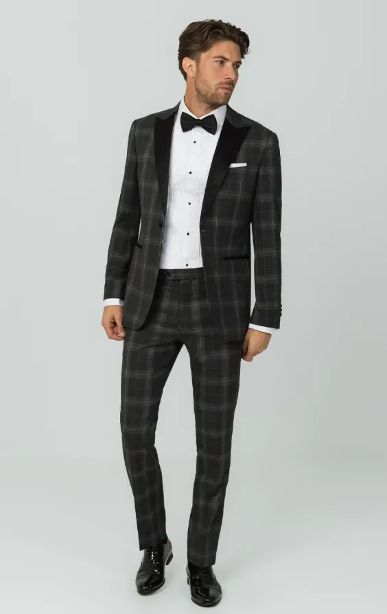 Grey Tartan Check Dinner Jacket with Peak Lapel thumbnail 3