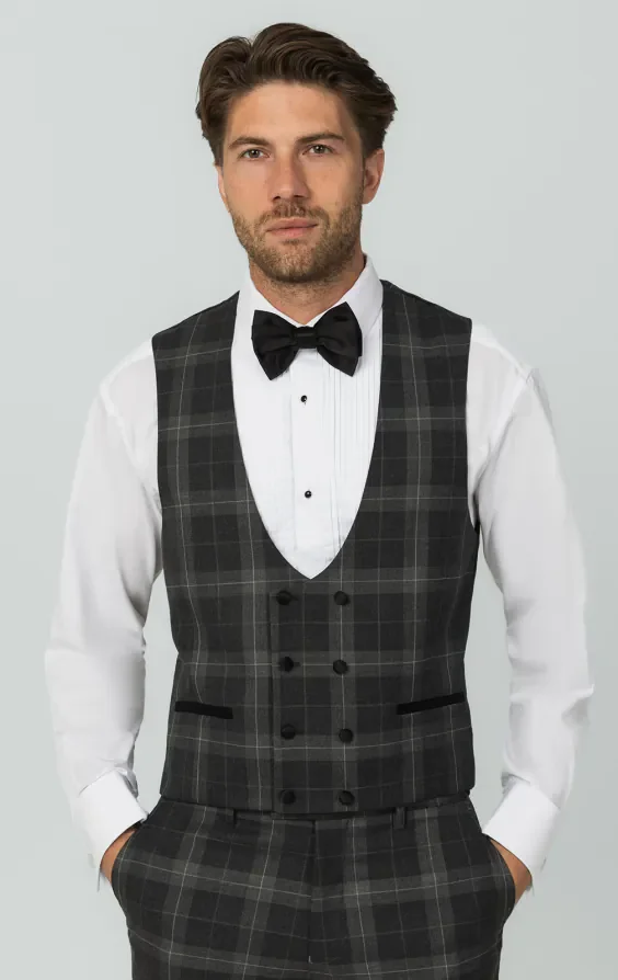 Grey Tartan Check Double Breasted Horseshoe Waistcoat thumbnail 2