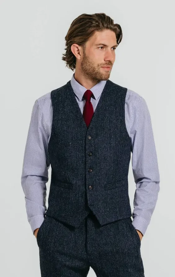 Harris Tweed Blue & Black Herringbone Waistcoat thumbnail 2