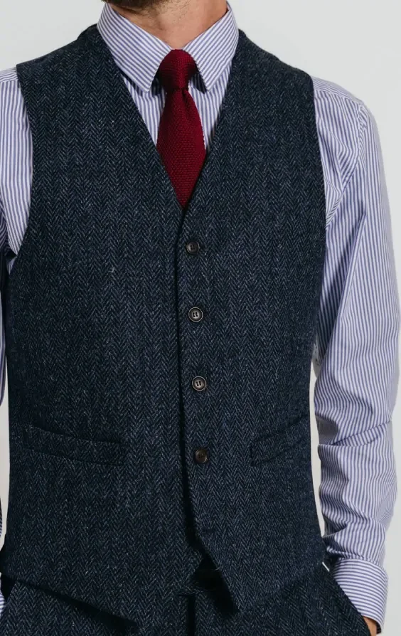 Harris Tweed Blue & Black Herringbone Waistcoat thumbnail 3
