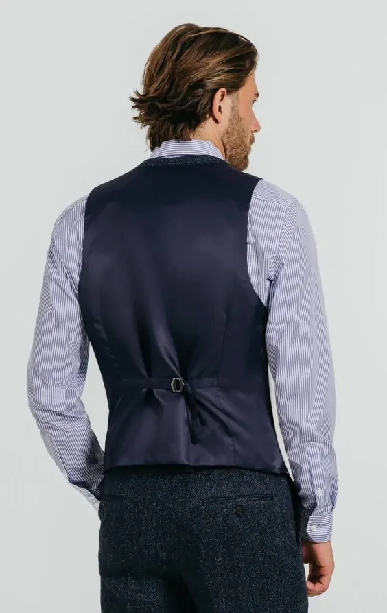 Harris Tweed Blue & Black Herringbone Waistcoat thumbnail 4