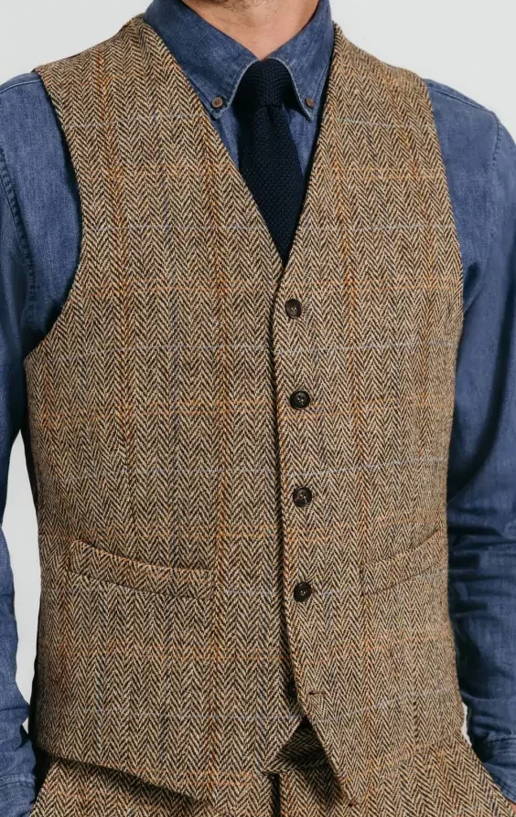 Harris Tweed Brown Windowpane Tweed Waistcoat thumbnail 3