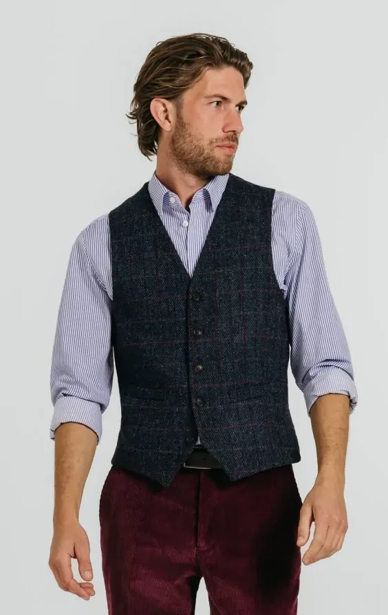 Harris Tweed Dark Blue Windowpane Check Tweed Waistcoat thumbnail 2