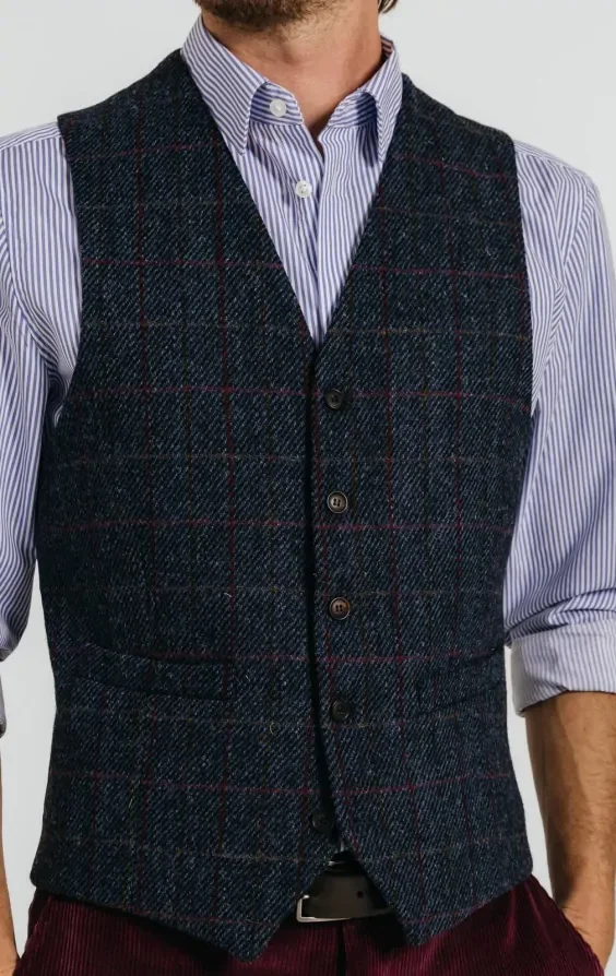 Harris Tweed Dark Blue Windowpane Check Tweed Waistcoat thumbnail 3