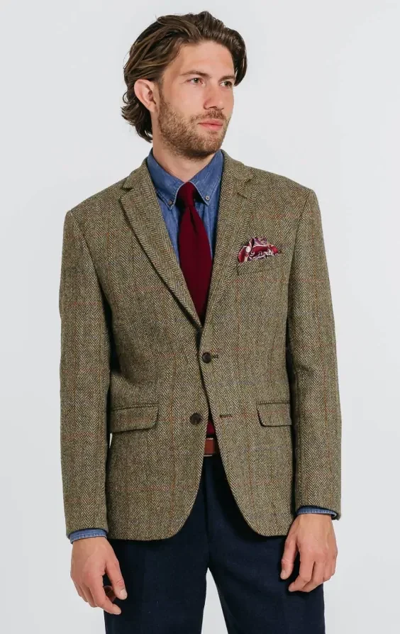 Harris Tweed Green Herringbone Windowpane Check Tweed Jacket thumbnail 2