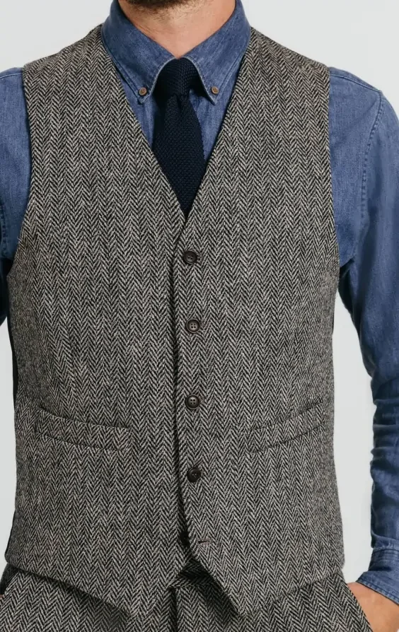 Harris Tweed Grey Herringbone Waistcoat thumbnail 3