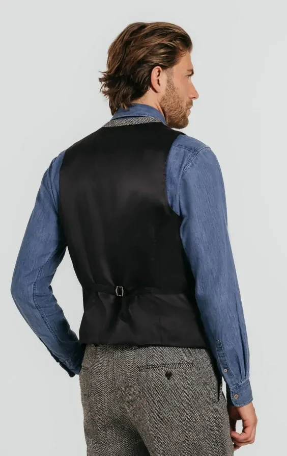 Harris Tweed Grey Herringbone Waistcoat thumbnail 4