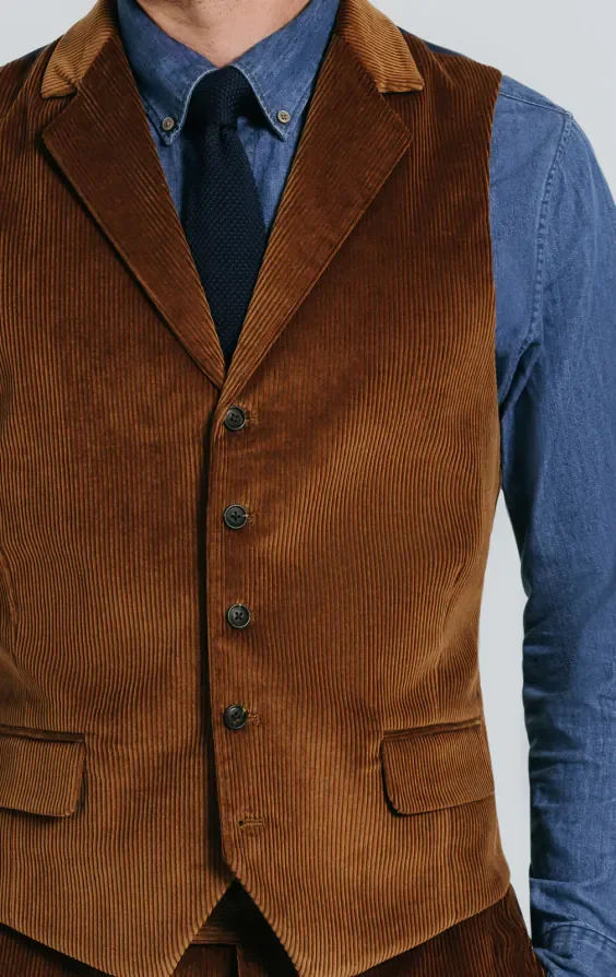 Mid Brown Corduroy Waistcoat with Notch Lapel thumbnail 3