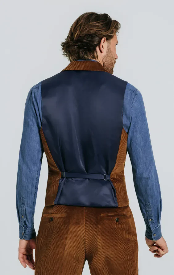 Mid Brown Corduroy Waistcoat with Notch Lapel thumbnail 4