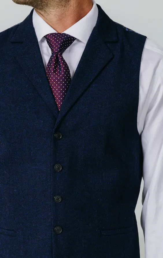 Navy Donegal Tweed Waistcoat with Notch Lapel thumbnail 3