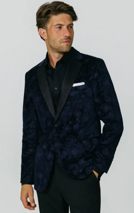 Navy Floral Jacquard Velvet Tuxedo Jacket thumbnail 2