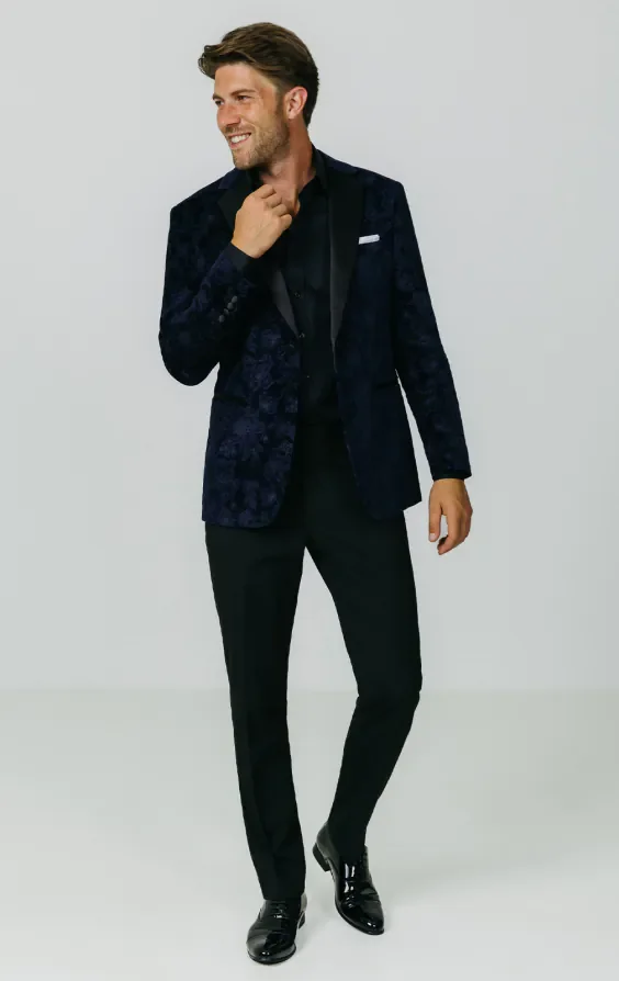 Navy Floral Jacquard Velvet Tuxedo Jacket thumbnail 3
