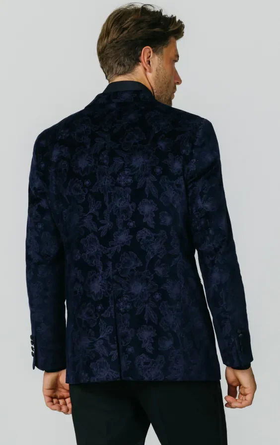 Navy Floral Jacquard Velvet Tuxedo Jacket thumbnail 7