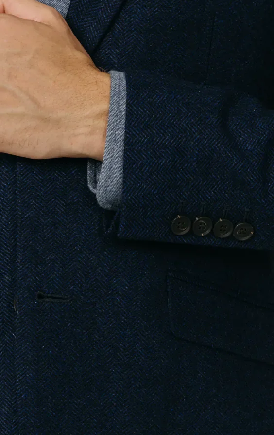 Navy Herringbone Tweed Jacket thumbnail 4