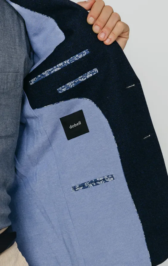 Navy Herringbone Tweed Jacket thumbnail 6