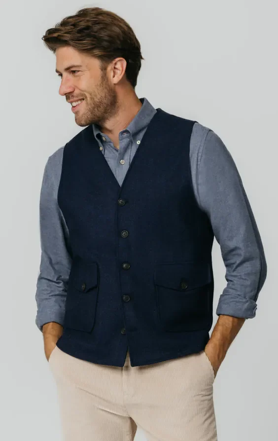 Navy Herringbone Tweed Waistcoat with Patch Pockets thumbnail 2