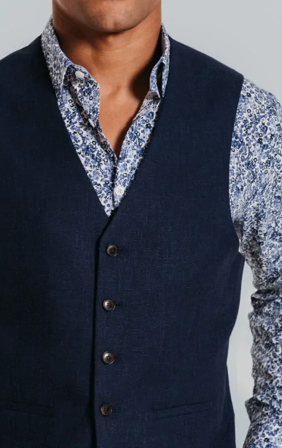Navy Linen Waistcoat thumbnail 3