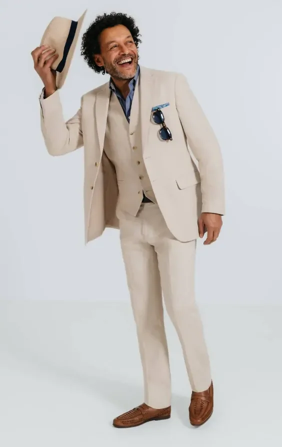 Oatmeal Linen Herringbone 3 Piece Suit thumbnail 3