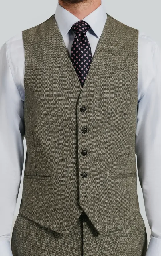 Sage Green Herringbone Tweed Waistcoat thumbnail 3