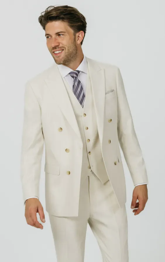 Winter White Twill Double Breasted 3 Piece Suit with Peak Lapel thumbnail 2
